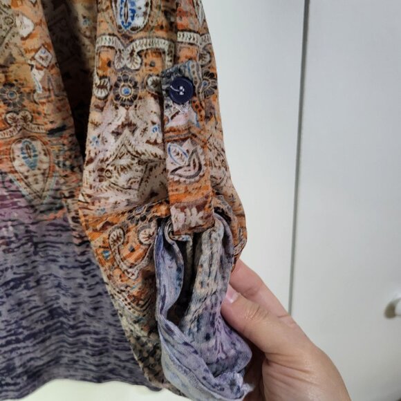 ONE WORLD Women's XL Rhinesonte Burnout Boho Blouse Top Roll Tab Sleeves NWT - Picture 7 of 10